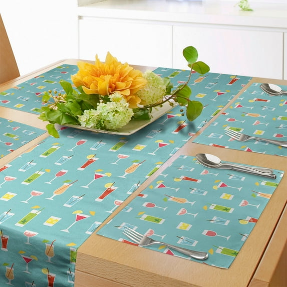 Ambesonne Cocktail Table Runner & Placemats, Party Beverages Pattern, Placemat 4 pcs + Runner 16"x90", Seafoam Multicolor