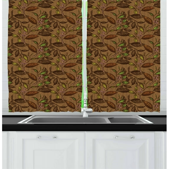 Ambesonne Cocoa Kitchen Curtains, Cocoa Plants Growth Theme, 55"x45", Brown Green Pale Pink