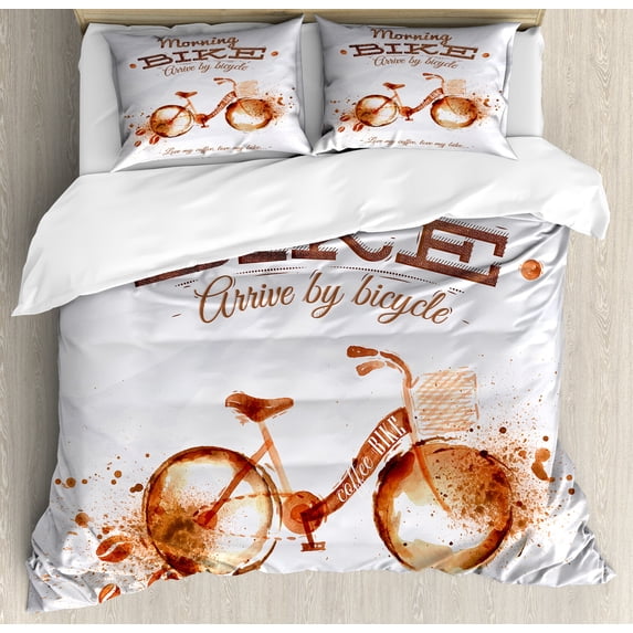 Ambesonne Coffee Art Duvet Cover Set, Bike Love Passion, 2-Calking, Dark Orange Chocolate