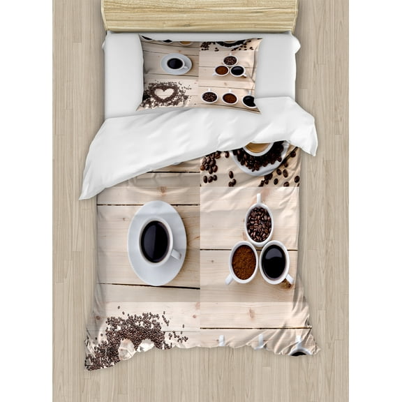 Ambesonne Coffee Duvet Cover Set, Coffee Mugs Snacks Beans, Twin, Brown Black Tan
