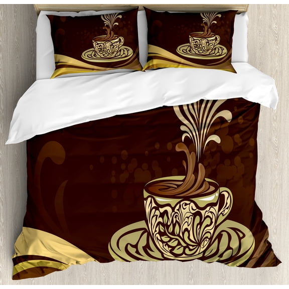 Ambesonne Coffee Duvet Cover Set, Ornamental Coffee Mug Design, 2-Calking, Brown and Multicolor