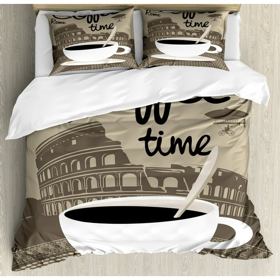 Ambesonne Coffee Duvet Cover Set, Rome Landmark Drink Cup, Queen, Tan Grey Yellow