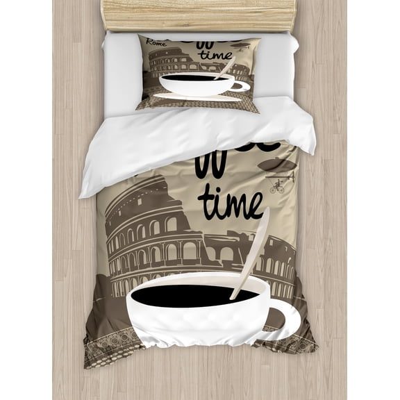 Ambesonne Coffee Duvet Cover Set, Rome Landmark Drink Cup, Twin, Tan Grey Yellow