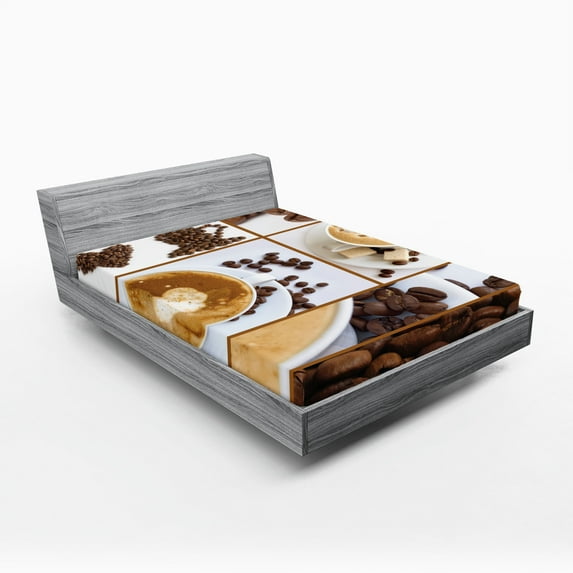 Ambesonne Coffee Fitted Sheet 2 Pcs Set, Coffee Mugs Hot Foamy, King, Brown White