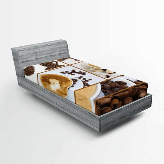 Ambesonne Coffee Fitted Sheet, Coffee Mugs Hot Foamy, Twin Size, Brown White