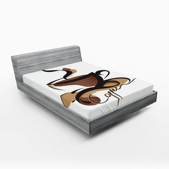 Ambesonne Coffee Fitted Sheet, Conceptual Signs Drink, California King, Black Brown Sand Brown