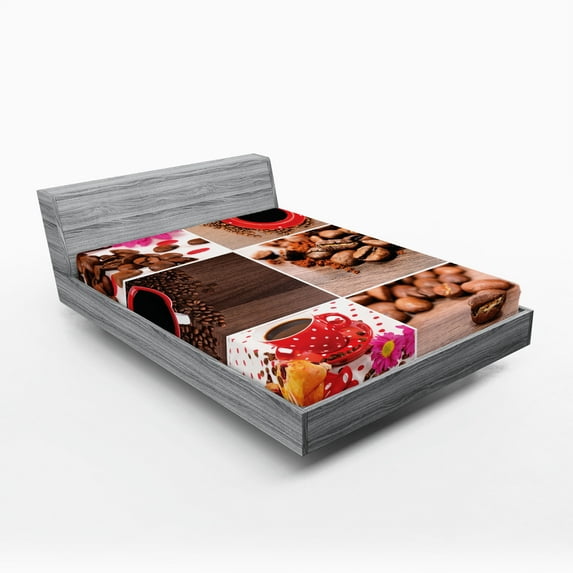 Ambesonne Coffee Fitted Sheet, Mugs Polka Dots Flowers, Full Size, Brown Red