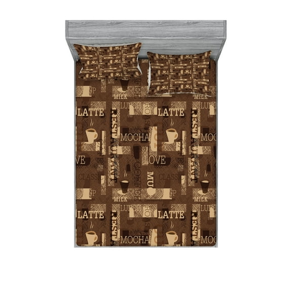 Ambesonne Coffee Fitted Sheet & Pillow Sham Set, Cafeteria Typography, Full, Brown Beige