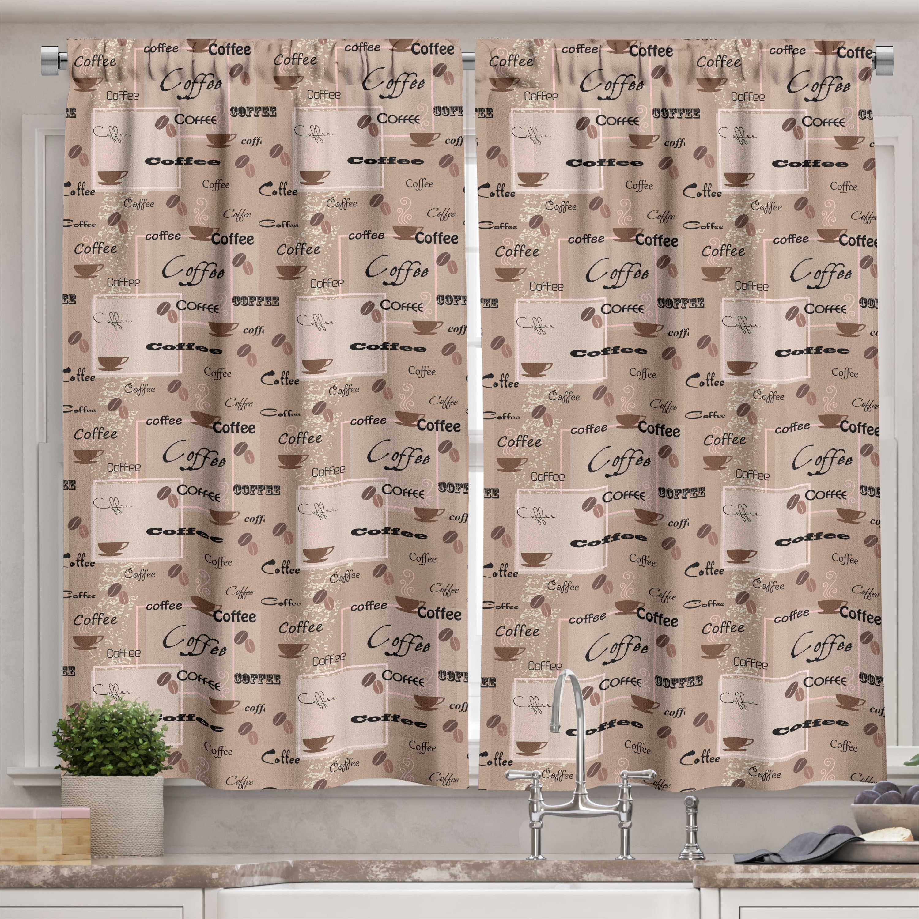 Ambesonne Coffee Kitchen Curtains - Beverage Menu Art Print, 2 Panel Set, 55x39 Inches, Beige Brown