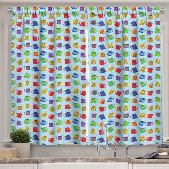 Ambesonne Coffee Kitchen Curtains, Colorful Mugs Hot Drink, 55"x24", Multicolor