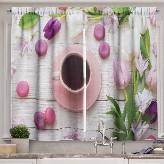 Ambesonne Coffee Kitchen Curtains, Cup Macaroon and Tulips, 55"x30", Multicolor