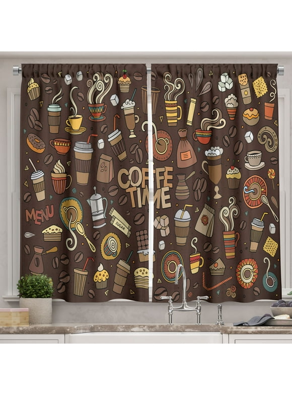 Ambesonne Coffee Kitchen Curtains, Hand Drawn Doodle Coffee, 55"x45", Brown Multicolor
