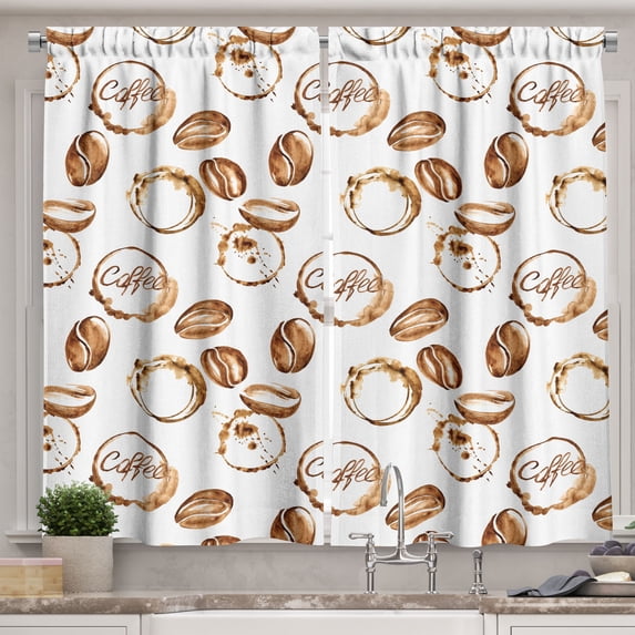 Ambesonne Coffee Kitchen Curtains, Java Stains Watercolor, 55"x39", Pale Brown White