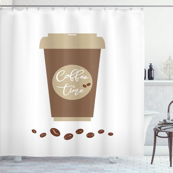 Ambesonne Coffee Sayings Shower Curtain, Drink Time Cup to Go, 69"Wx70"L, Caramel Ecru White