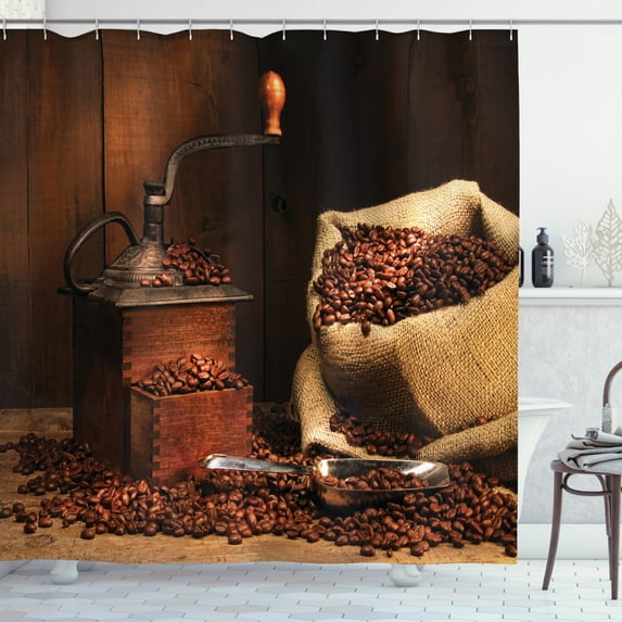 Ambesonne Coffee Shower Curtain, Grinder Beans in Burlap Sack, 69"Wx75"L, Cinnamon Charcoal Grey