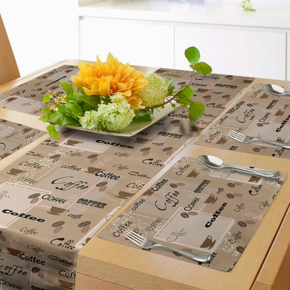 Ambesonne Coffee Table Runner & Placemats, Coffee Typography Beans, Placemat 4 pcs + Runner 16"x90", Pale Brown Black