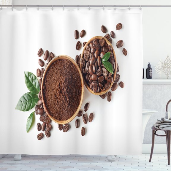 Ambesonne Coffee Theme Shower Curtain, Bowl of Ground Beans, 69"Wx70"L, White Brown and Peacock Green