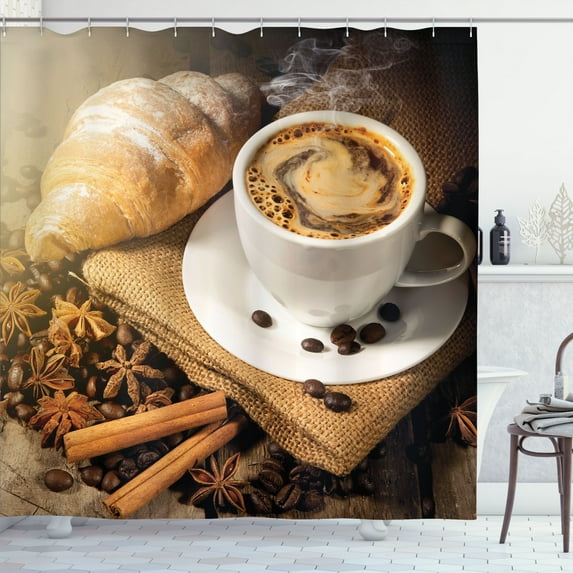 Ambesonne Coffee Theme Shower Curtain, Croissant and Espresso, 69"Wx84"L, Pale Brown Umber and White