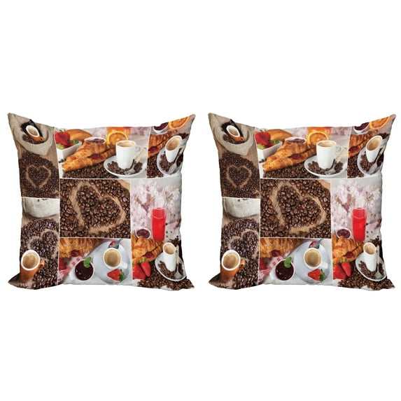 Ambesonne Coffee Throw Pillow Cover 2 Pack, Croissant and Coffee, 16", Multicolor