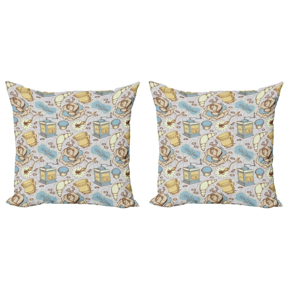 Ambesonne Coffee Throw Pillow Cover 2 Pack, Sketchy Croissants Roses, 18", Multicolor