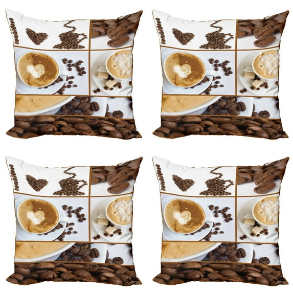 Ambesonne Coffee Throw Pillow Cover 4 Pack, Coffee Mugs Hot Foamy, 18", Brown White