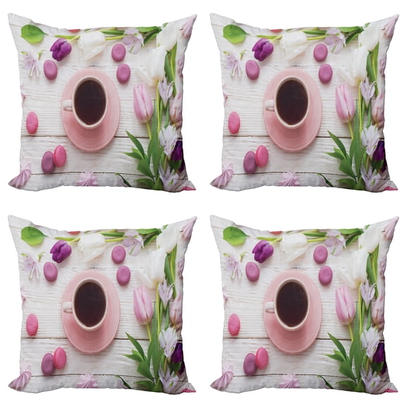 Ambesonne Coffee Throw Pillow Cover 4 Pack, Cup Macaroon and Tulips, 16", Multicolor