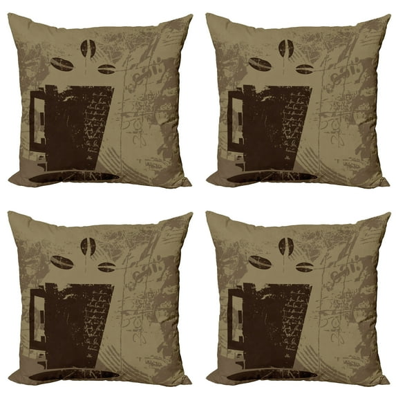 Ambesonne Coffee Throw Pillow Cover 4 Pack, Grunge Java Breakfast, 24", Dark Brown Cocoa Tan