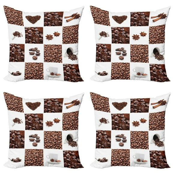 Ambesonne Coffee Throw Pillow Cover 4 Pack, Roasted Coffee Beans, 20", Brown White
