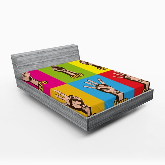 Ambesonne Collage Fitted Sheet, Colored Number Hands, Full Size, Yellow Green