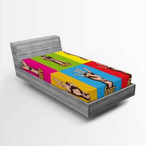 Ambesonne Collage Fitted Sheet, Colored Number Hands, Twin Size, Yellow Green