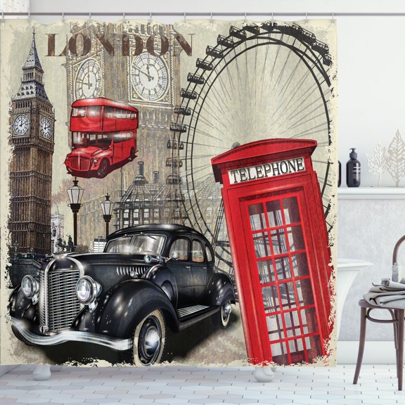 Ambesonne Collage Shower Curtain, Vintage London Sign Collage, 69"Wx84"L, Ivory Charcoal Grey