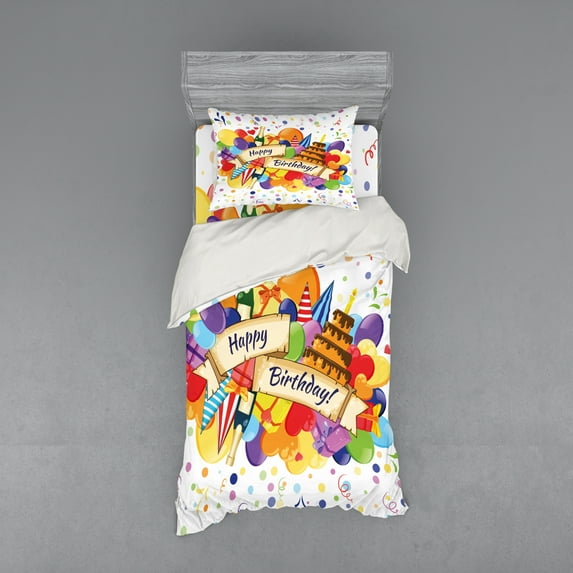 Ambesonne Colorful Bedding Set 3 Pcs, Drinks Cake Balloons, Twin XL, Multicolor