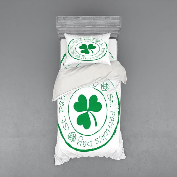 Ambesonne Colorful Bedding Set 3 Pcs, Irish Shamrock, Twin, White and Green