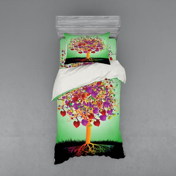 Ambesonne Colorful Bedding Set 3 Pcs, Magic Love Tree Heart, Twin, Multicolor