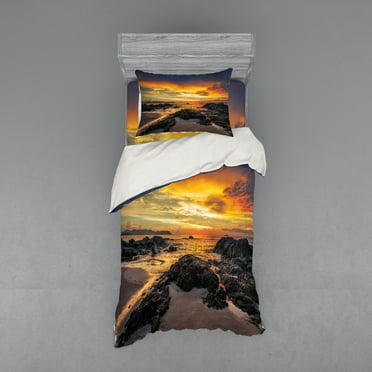 Ambesonne Colorful Bedding Set 3 Pcs, Majestic Sunrise Sky, Twin XL, Blue Orange Cream