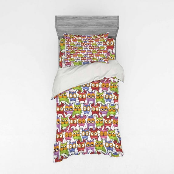 Ambesonne Colorful Bedding Set 3 Pcs, Ornate Owl Polka Dots, Twin XL, Multicolor