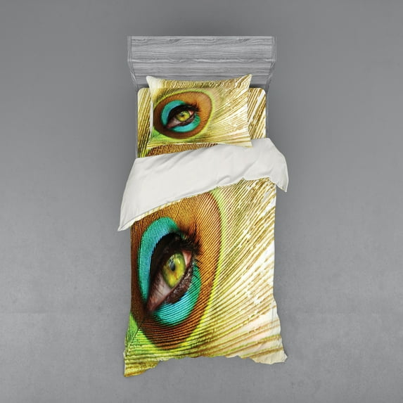 Ambesonne Colorful Bedding Set 3 Pcs, Peacock Feather Eye, Twin, Green Brown Turquoise
