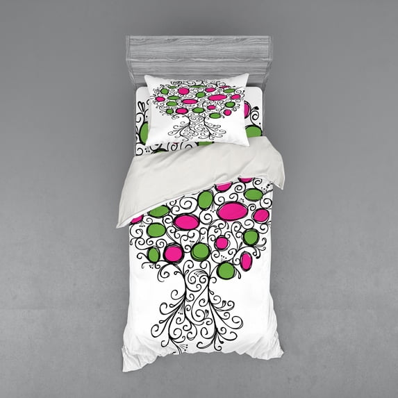 Ambesonne Colorful Bedding Set 3 Pcs, Pink and Green Spring Time, Twin, Black Green Pink