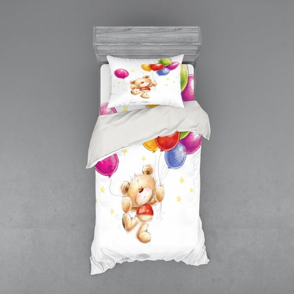 Ambesonne Colorful Bedding Set 3 Pcs, Teddy Bear with Baloon, Twin XL, Multicolor