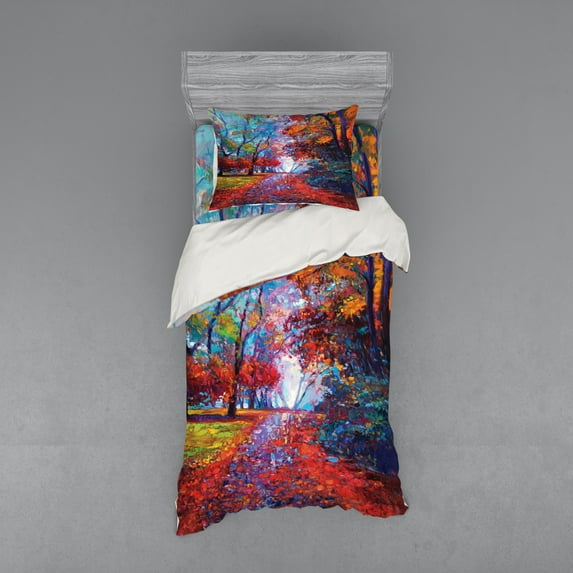 Ambesonne Colorful Bedding Set 3 Pcs, Trees Park Fall Autumn, Twin, Multicolor