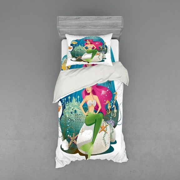 Ambesonne Colorful Bedding Set 3 Pcs, Underwater Mermaid, Twin, Multicolor