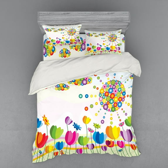 Ambesonne Colorful Bedding Set 4 Pcs, Abstract Flower Summer, Queen, Multicolor