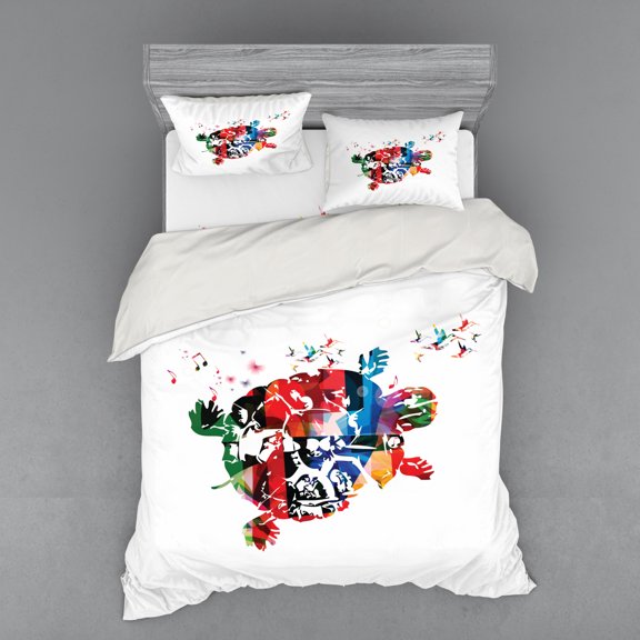 Ambesonne Colorful Bedding Set 4 Pcs, Abstract Turtle Notes, Queen, Multicolor
