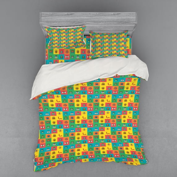 Ambesonne Colorful Bedding Set 4 Pcs, Cartoon Bugs in Square, Queen, Multicolor