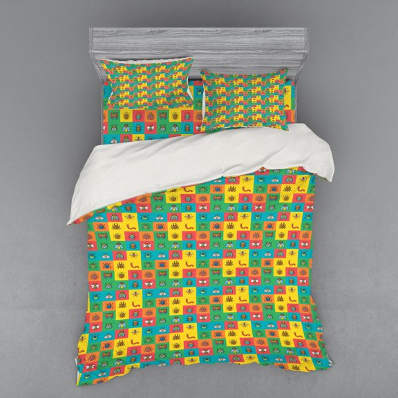Ambesonne Colorful Bedding Set 4 Pcs, Cartoon Bugs in Square, Queen, Multicolor