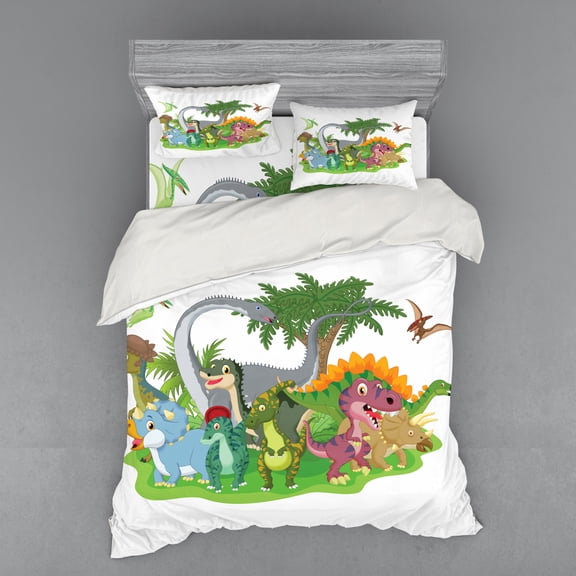 Ambesonne Colorful Bedding Set 4 Pcs, Cartoon Group Dinosaur, Queen, Multicolor