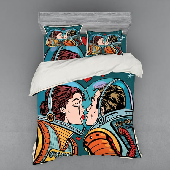 Ambesonne Colorful Bedding Set 4 Pcs, Cartoon Kiss in Space, Queen, Multicolor