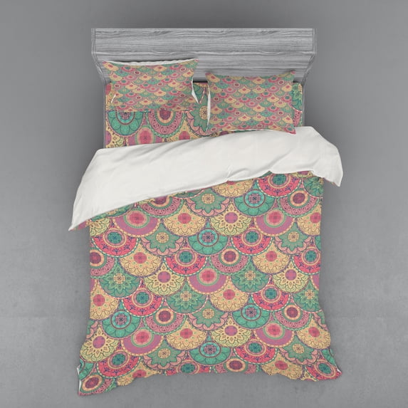 Ambesonne Colorful Bedding Set 4 Pcs, Classic Circular Shape, Queen, Green Pink