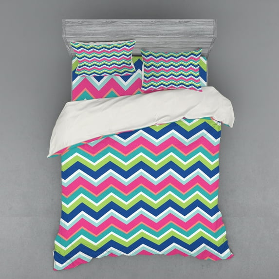 Ambesonne Colorful Bedding Set 4 Pcs, Colorful Chevron Lines, Queen, Multicolor