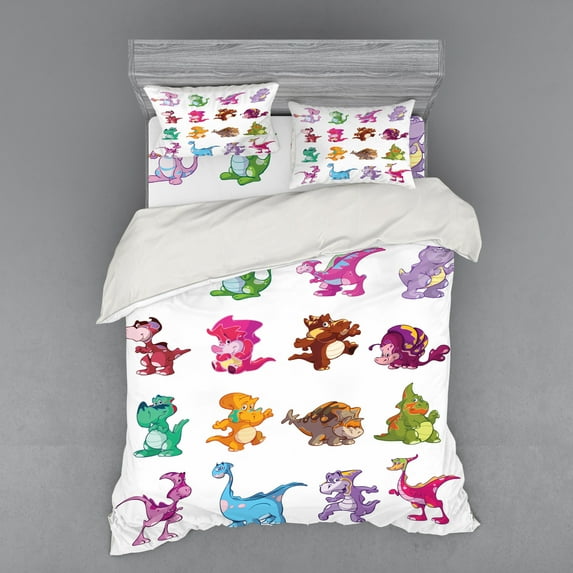 Ambesonne Colorful Bedding Set 4 Pcs, Dinosaurs Extinction, Queen, Multicolor